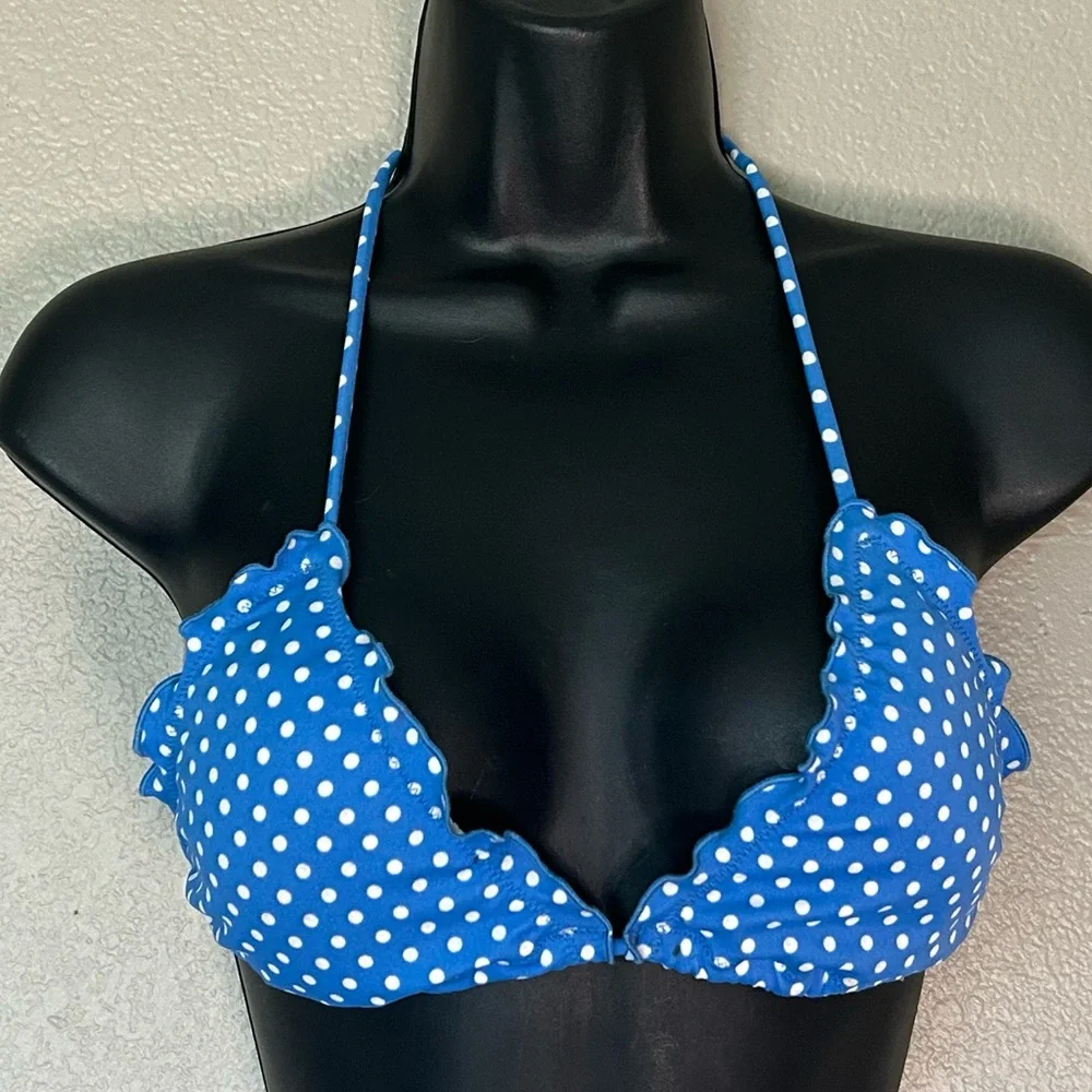 Victoria's Secret Blue and White Polka Dot String Bikini Triangle Top Size M